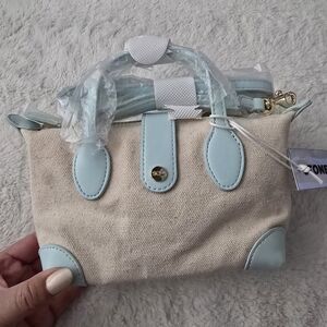Stoney Clover Lane Beige Canvas Crossbody with Light Blue Trim